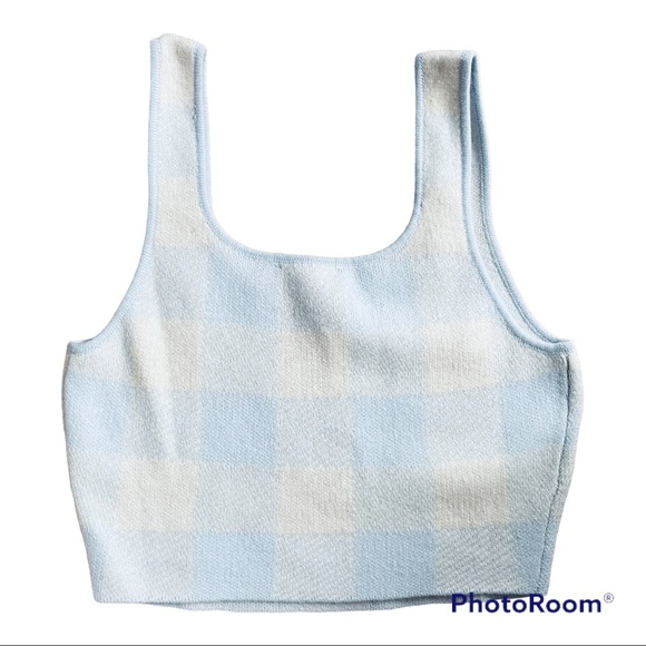NWT Reformation Fonte Cashmere Cropped Tank and Cardigan Set Powder Blue Plaid - Picture 10 of 11